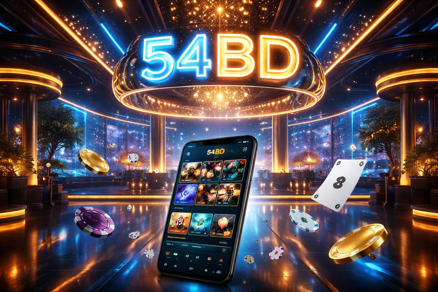 Stylized digital gaming lounge with glowing 54BD signage, mobile casino interface and vibrant chips created for Bangladesh-focused online play