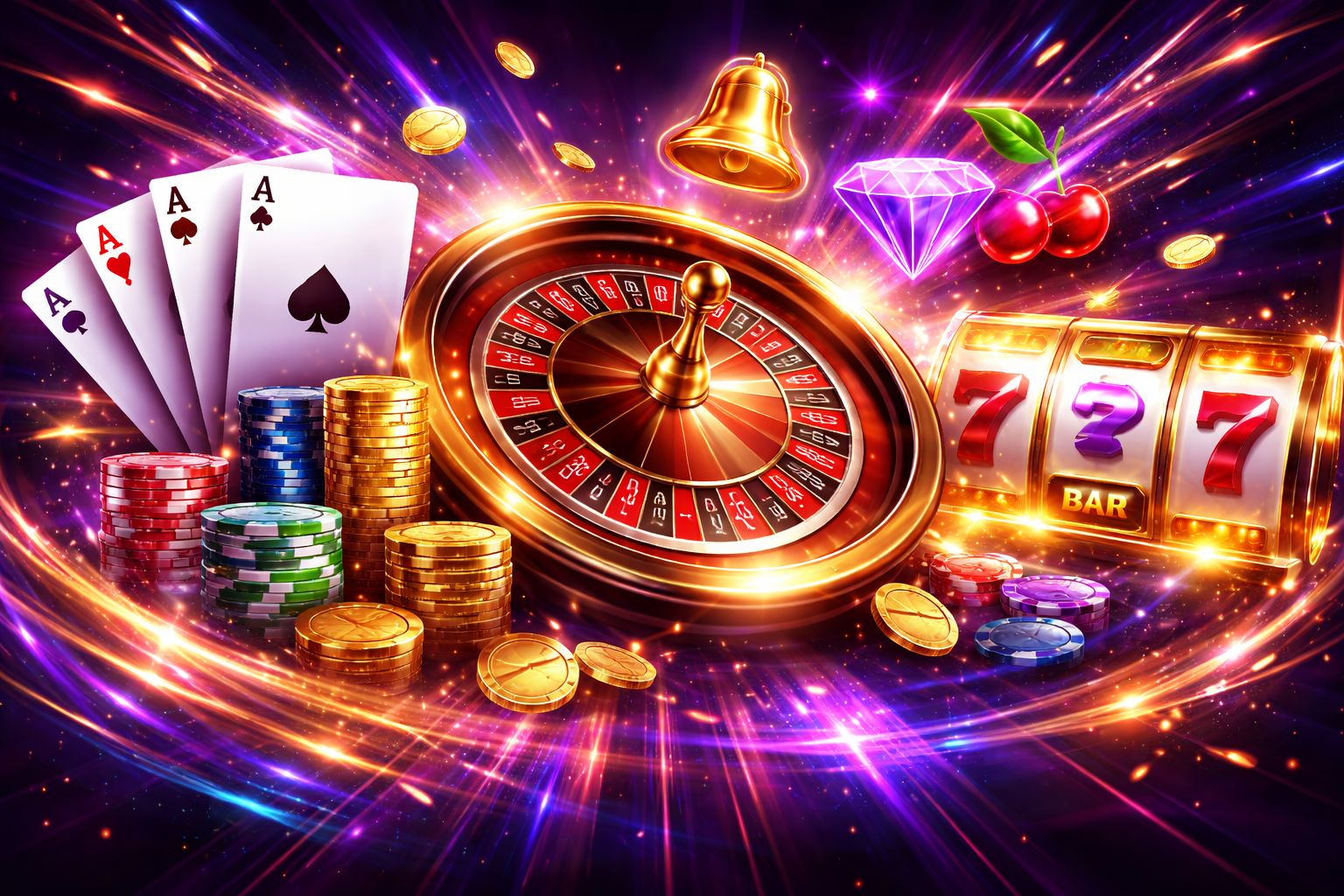 High-tech casino display featuring roulette, cards and slot symbols in a sleek digital environment for 54BD players