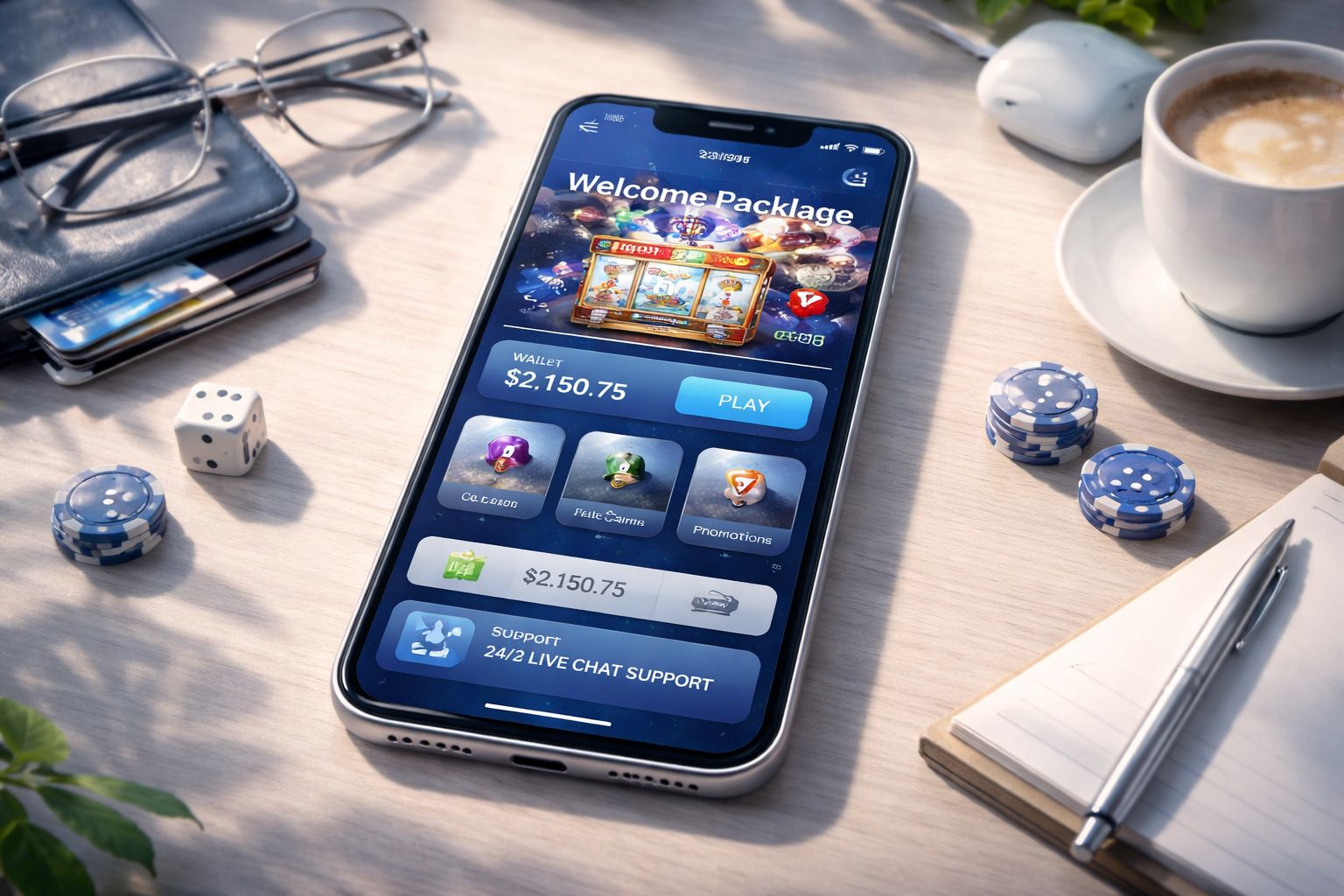Mobile-first online casino scene with glowing interface, secure wallet access and premium 54BD gaming atmosphere