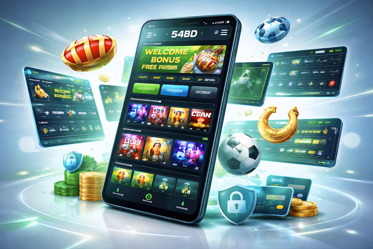Modern smartphone showing the 54BD app interface with colorful betting and casino elements in a sleek mobile environment