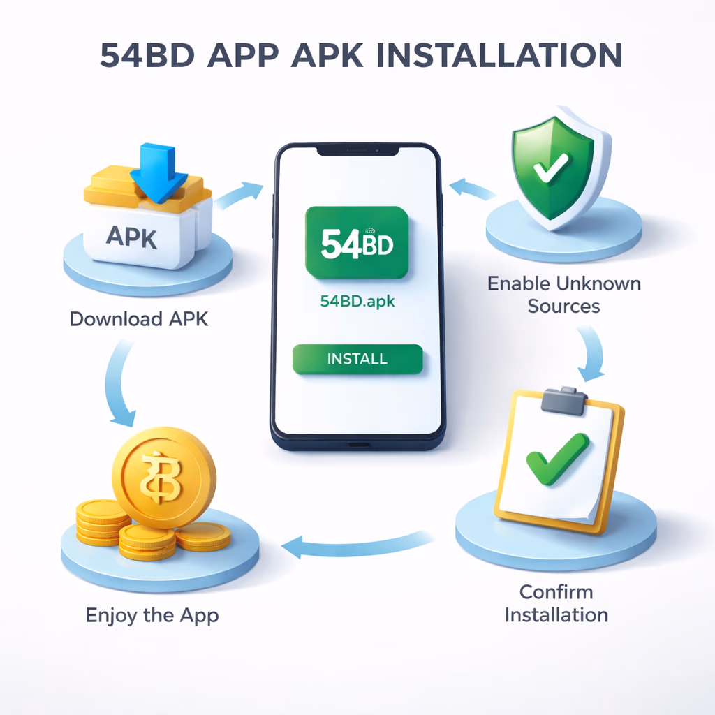 Clean Android installation scene showing the 54BD APK download process on a smartphone with security and setup icons