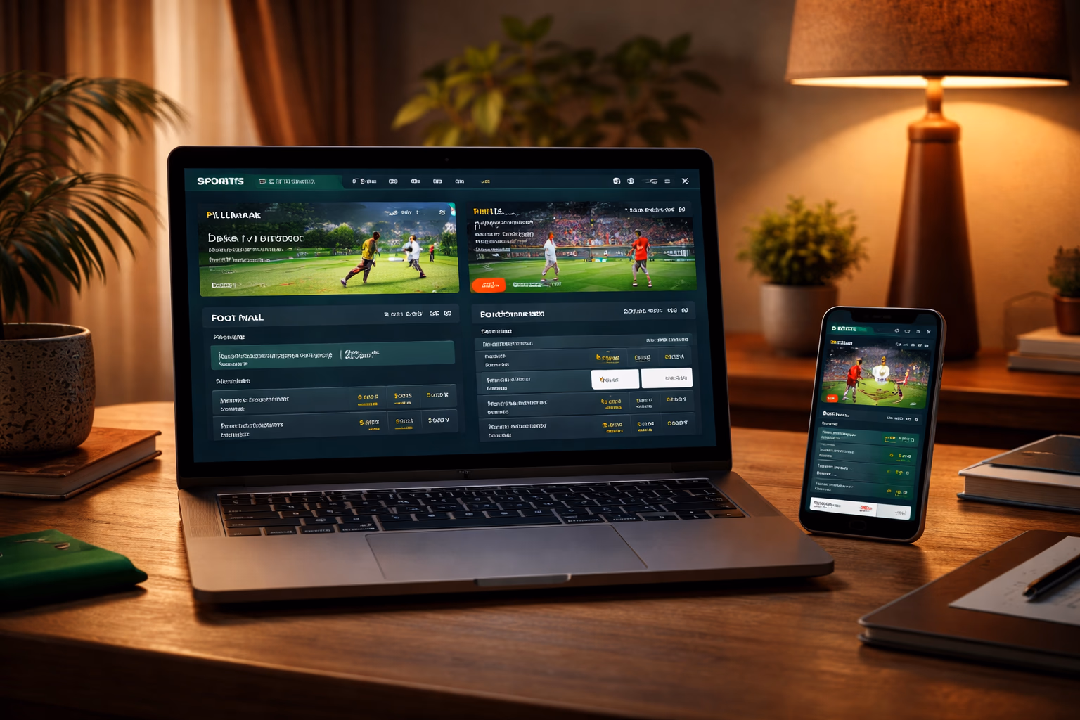 Immersive 54BD sports wagering setup with laptop and phone showing live cricket and football betting markets