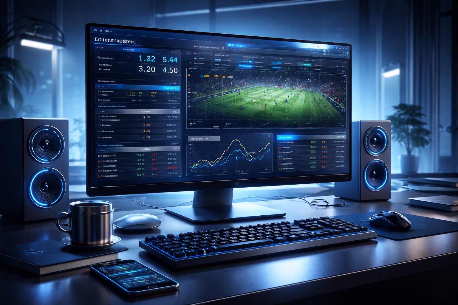 Sleek 54BD live betting scene with real-time sports odds on desktop in a contemporary room