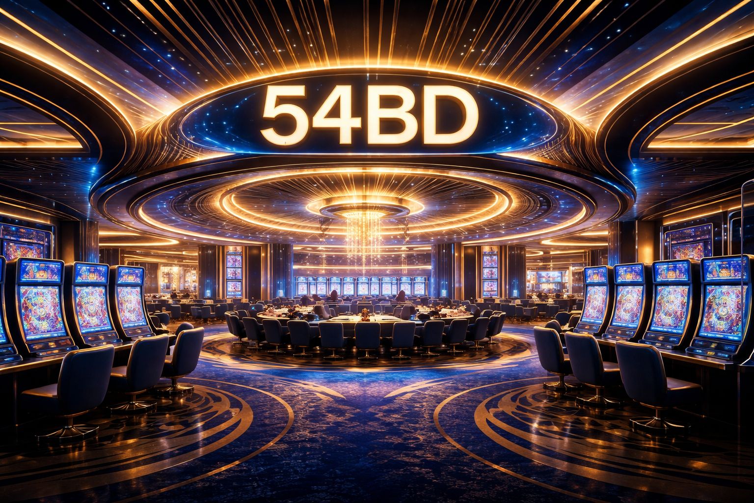 Digital casino lobby with glowing tables, slot reels, and 54BD branding created for Bangladesh online play