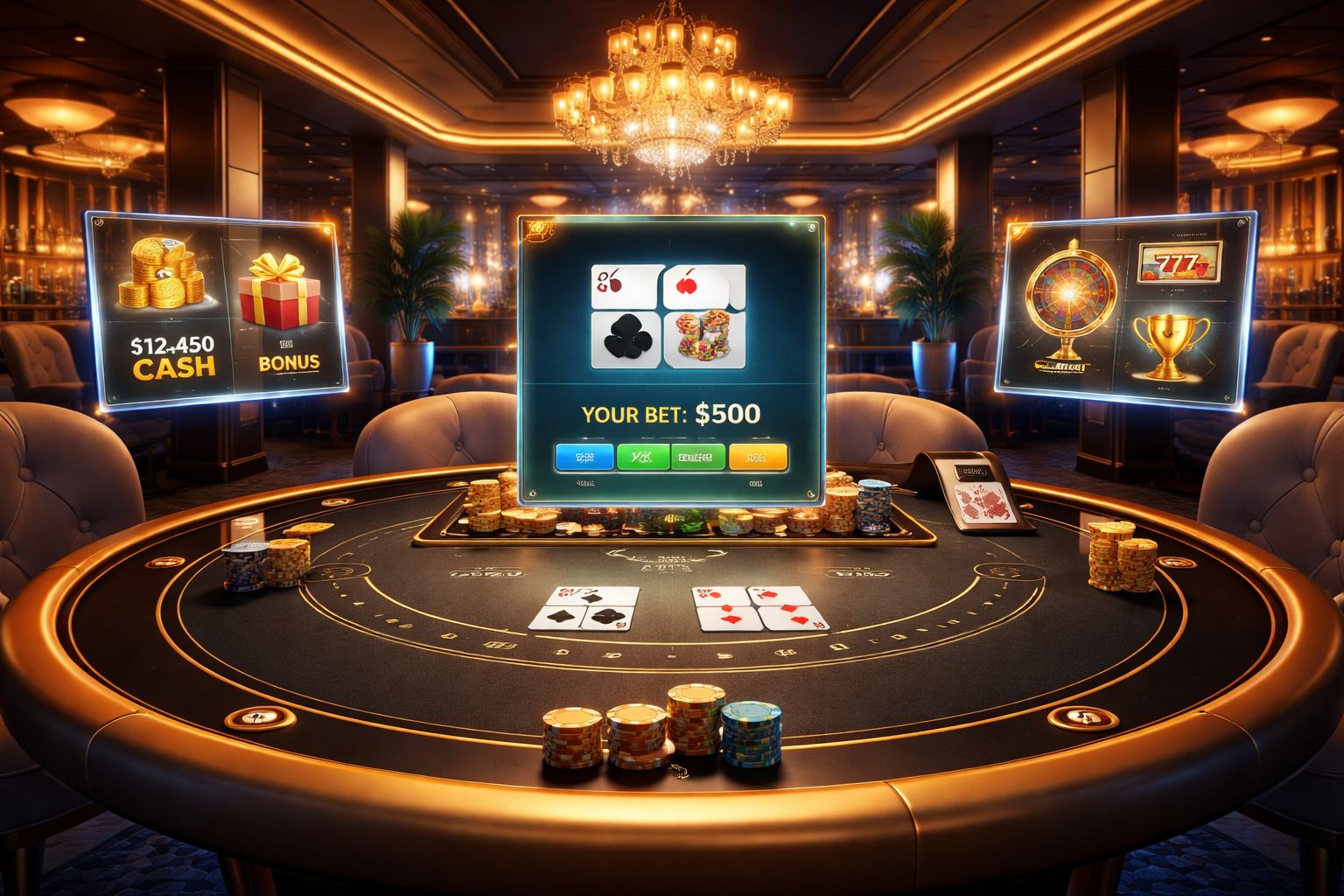Elegant online casino scene with illuminated dealer table and digital gaming interface for 54BD users