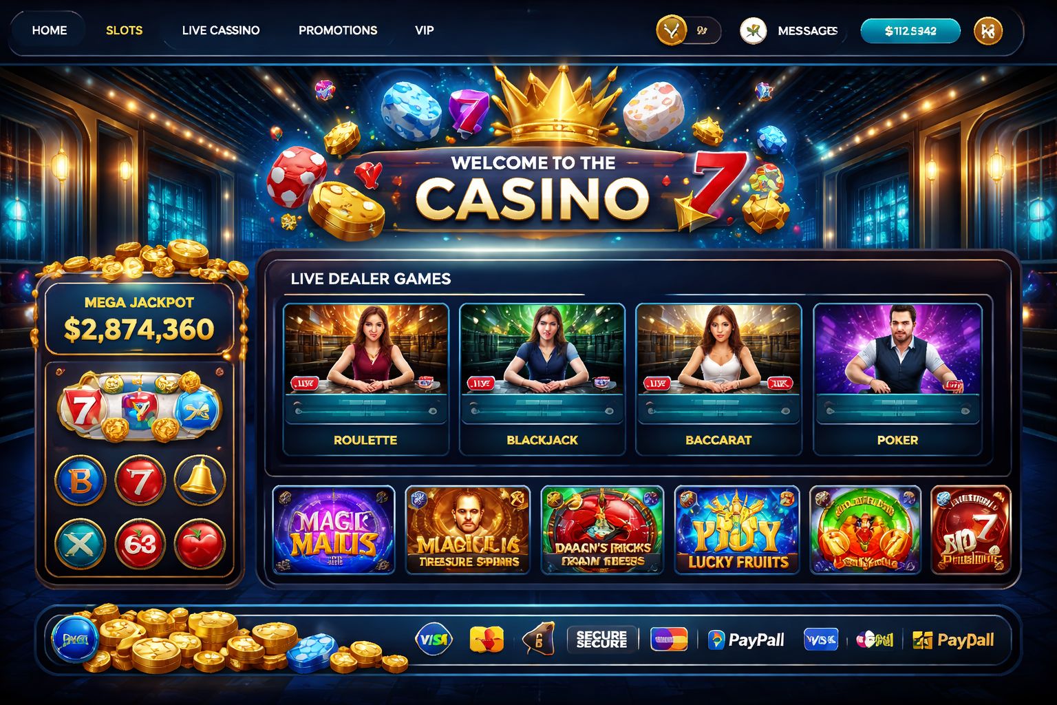 Modern 54BD casino dashboard with live tables, slot icons, and secure gaming atmosphere