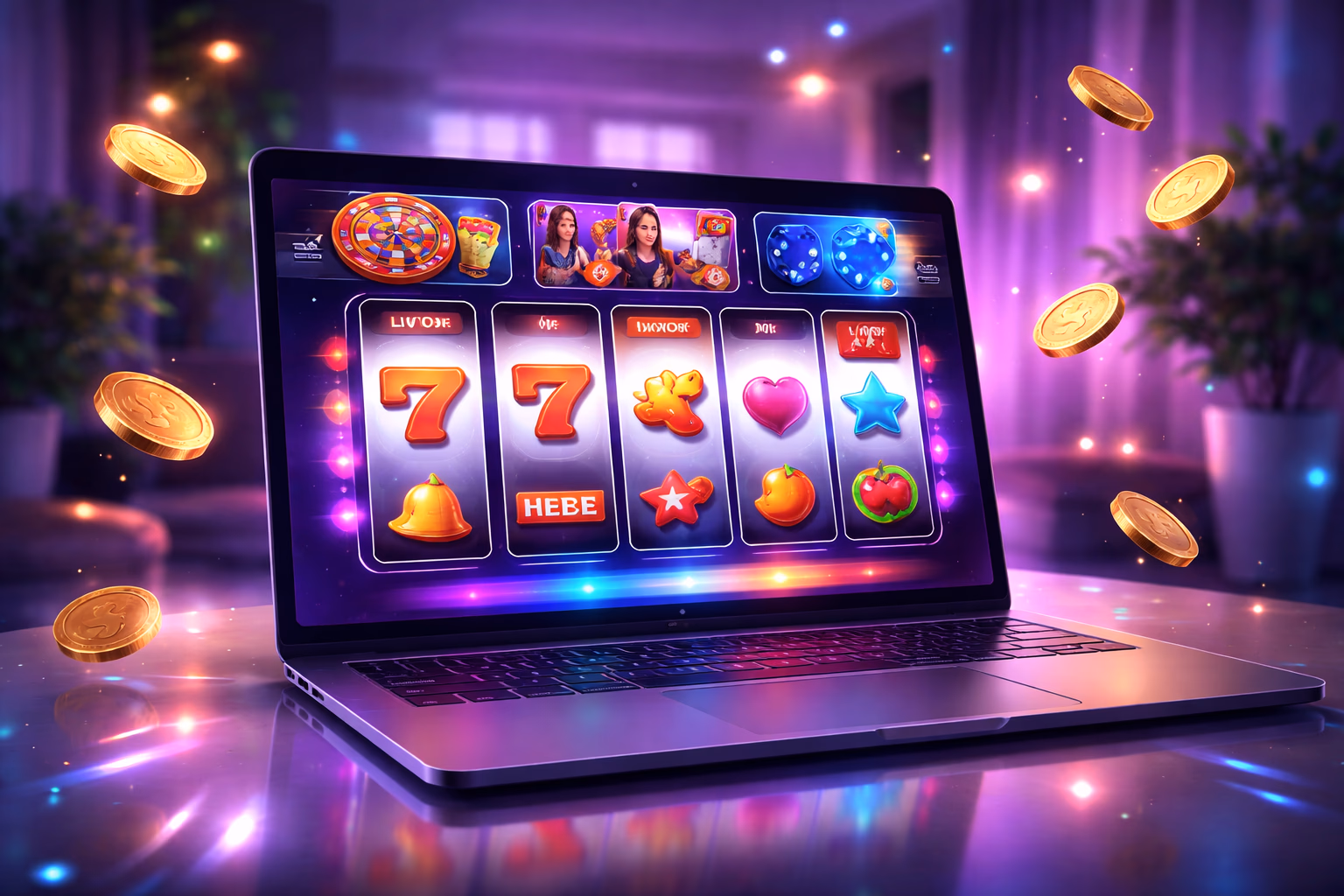 Laptop showing dynamic 54BD slot reels with bright symbols coins and a polished digital casino interface