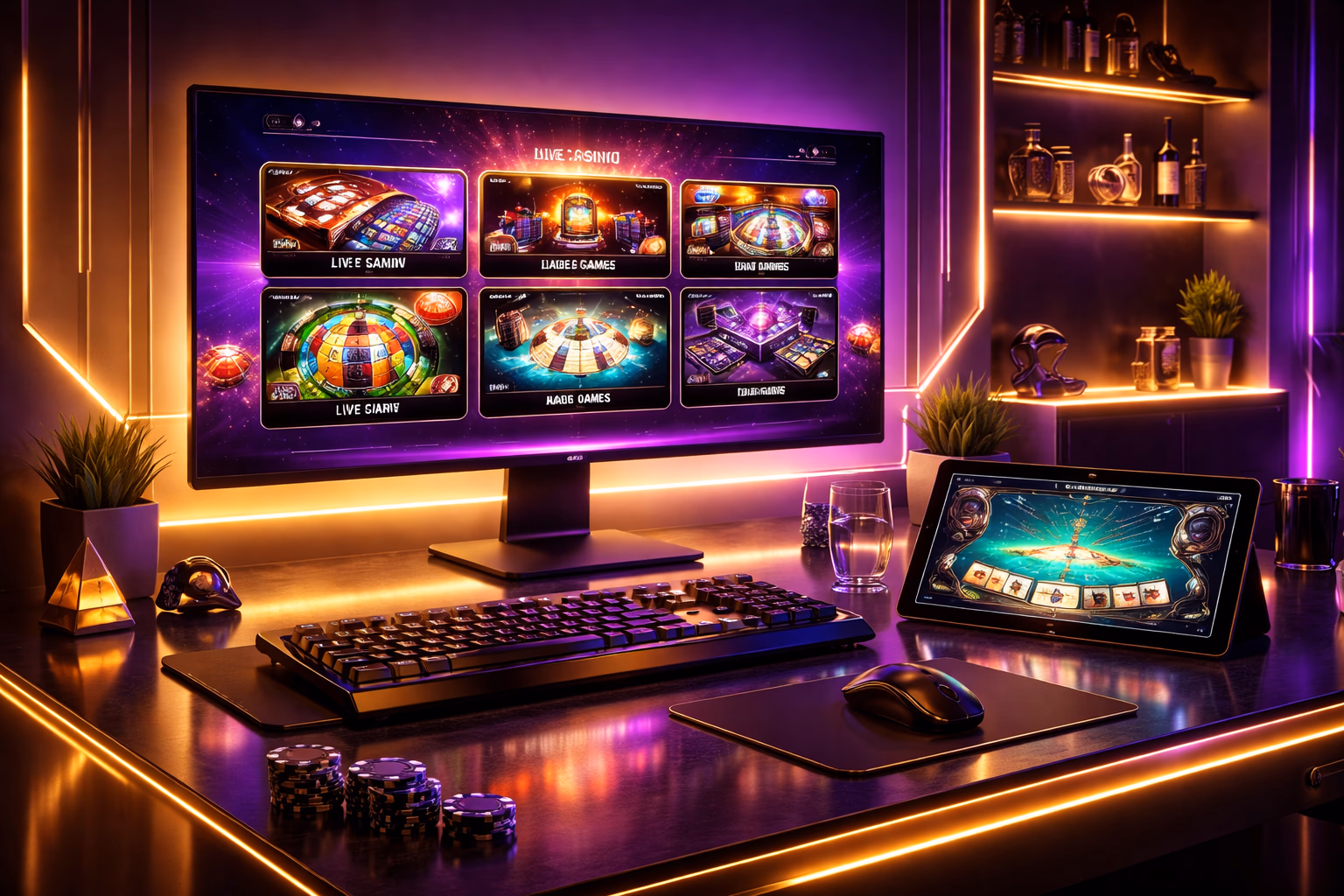 Modern gaming environment with a user browsing 54BD live casino and slot categories on a large monitor