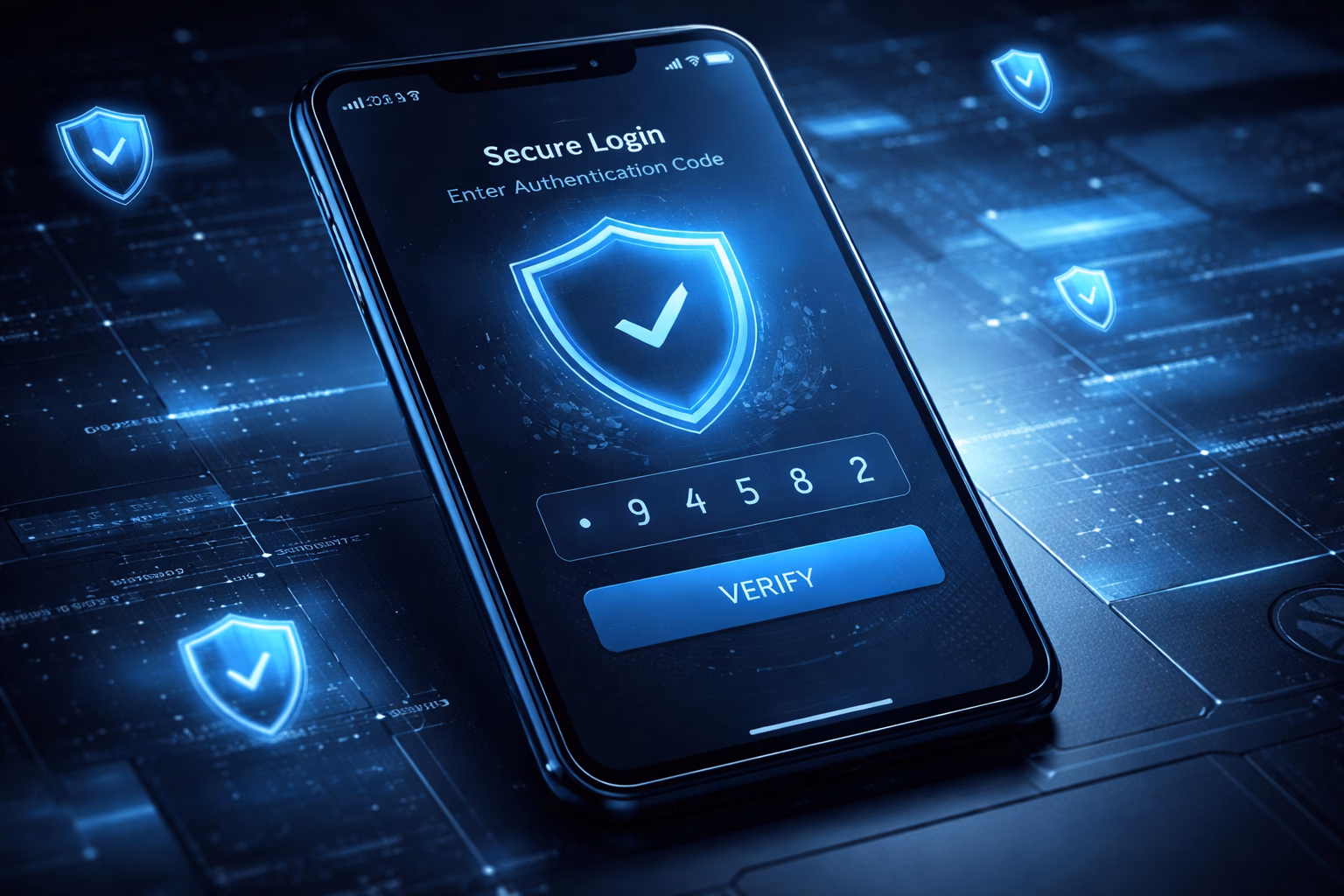 Secure mobile account access display with shield graphics and 54BD themed interface in a polished gaming environment