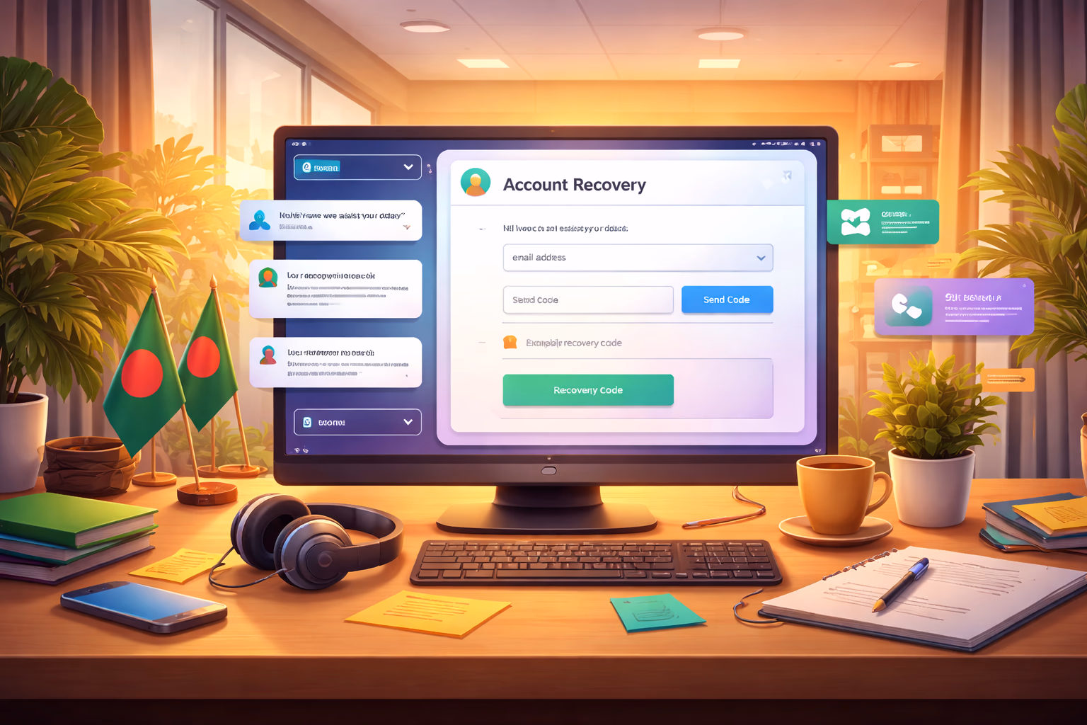Helpful account recovery support scene with digital assistance panel and 54BD member login interface