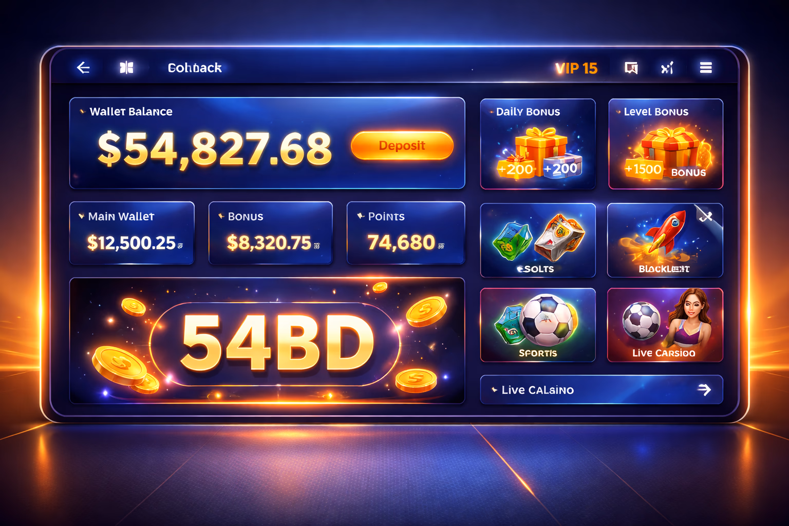 Personal account dashboard with 54BD branding, wallet details and game shortcuts in a sleek modern setup